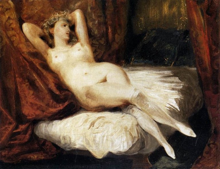 Обнаженная женщина, полулежащая на диване картина